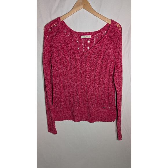 Abercrombie & Fitch Womens Pink Open Knit V-Neck Sweater M Y2k Open Weave Fitted - Picture 1 of 8